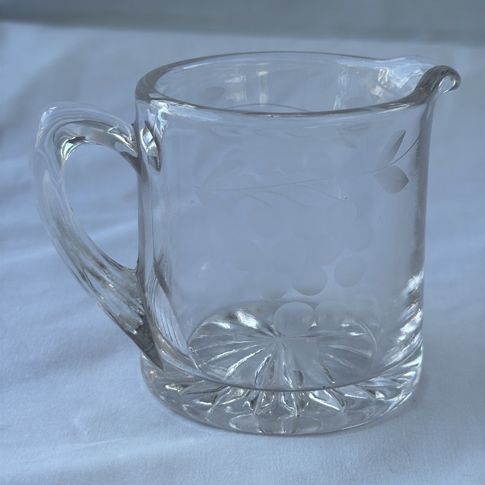 Vintage Clear Glass Creamer with Etched Design of Grapes Fruit - Picture 3 of 7